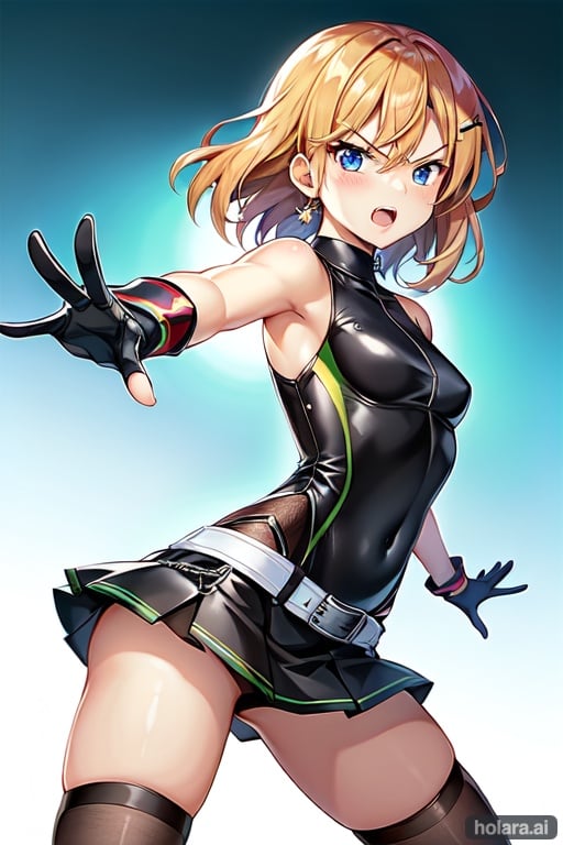 Image of 1 girl (dark skin), solo, medium hair, orange hair, bangs, angry, open mouth, blue eyes, young, small breasts, sleeveless+, gloves, white shirt, belt, skirt, detailed cloth, (dynamic pose), (perfect angle), (perfect anatomy), (perfect female body), highres+, masterpiece++, (perfect hands), high quality, ultra quality++, wallpaper+++, eyebrows visible through hair