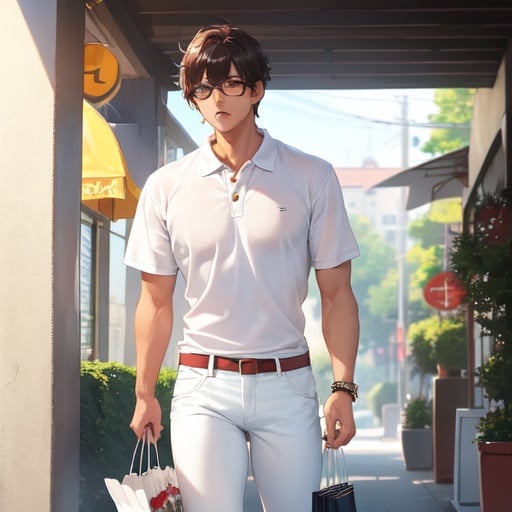 Image of man, polo shirt, white jeans, shopping bags, tan skin, fashionable