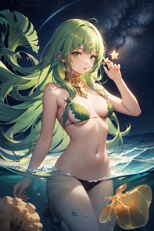 Image of 1girl, green hair, green tone hair, underwater, jellyfishes, night, stars, sea, bubbles, sea creatures, colorful, dark brown skin, long hair, multicolored hair, goddess, 