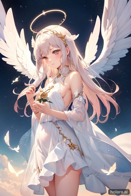 Image of Create an enchanting image of an angelic girl with petite wings and a shimmering halo. The girl should emanate grace and innocence, standing in a celestial setting with soft, pastel hues. The wings should be delicate yet intricately detailed, evoking a sense of ethereal beauty. The halo should emit a gentle glow, casting a soft light on the girl's serene face. Let the overall composition exude a sense of tranquility and wonder, capturing the essence of a celestial being in a moment of blissful contemplation.