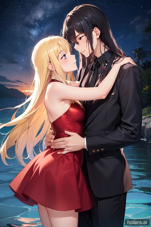 Image of Boy and girl lover couple hugging pose, under the starry sky, half in the water, before kissing, long hair, fantasy, minimal red dress, loving and charming seductive gorgeous girl hugging masculine boy Temptation, staring at each other, original, eyebrows visible from hair, long-haired male character and long-haired female character