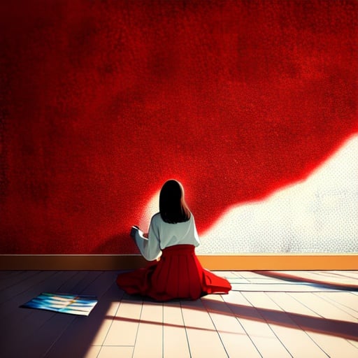 Image of 1woman, brown hair, ethereal, long red skirt, painters outfit++, holding painting materials++ (mural painting on wall)++, close up+, colorful background, perfect shadows+, masterpiece, painting materials on floor+
