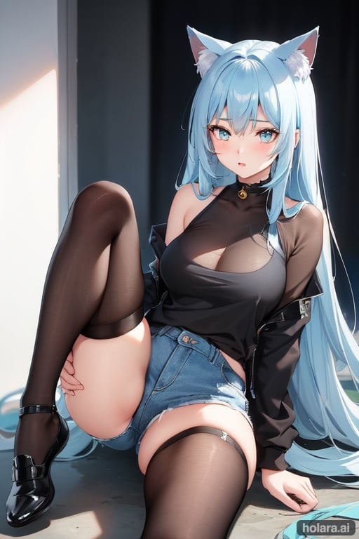 Image of 1girl, (from behind:1.3), looking at viewer, cyan eyes, silver hair, long hair, cat ears, bright pupils, blush, open mouth, (bent over:1.3), ( focus:1.3), black pantyhose, jean shorts, sneakers, medium breasts, (black bra:1.3), indoors, best quality, ultra-detailed, realistic
