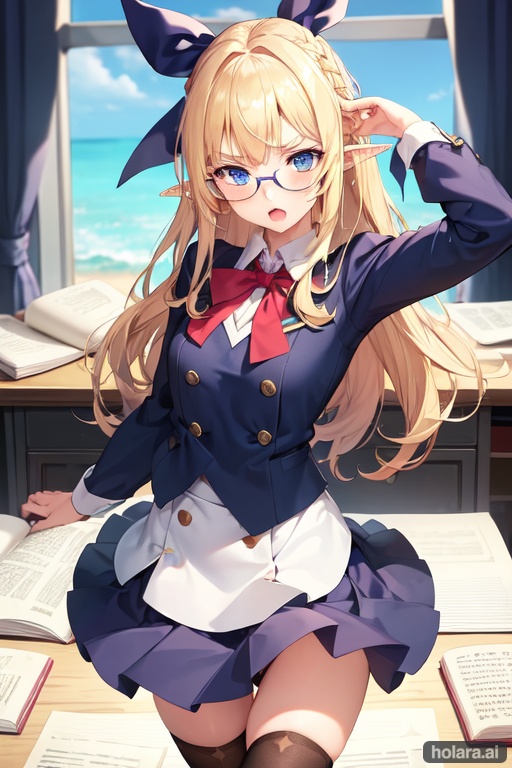 Image of pointy ears+, cute+, vivid color, blue eyes+, blonde hair+, long hair, 1girl, solo, ribbon, hair ornament, thighhighs, skirt, school uniform, school, reading, glasses, looking at viewer, bow, desk, long sleeves, book, open mouth, eyebrows visible through hair