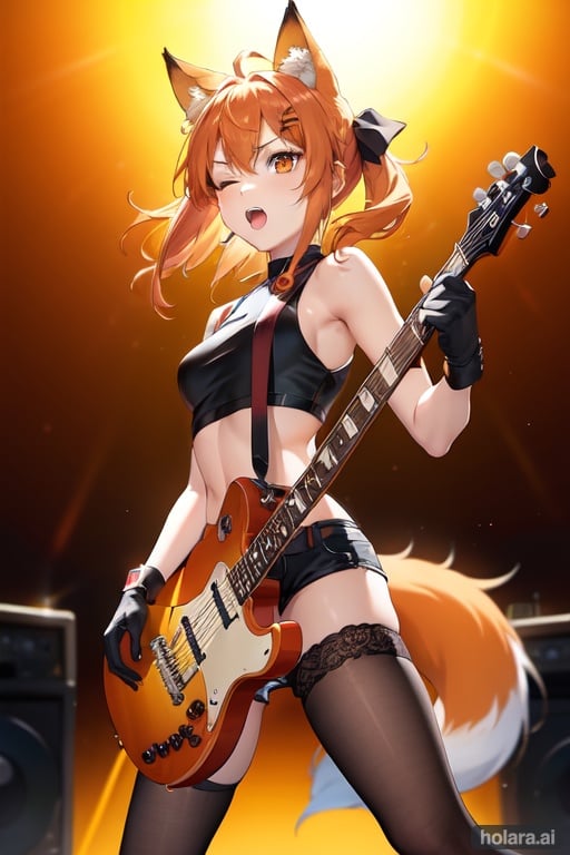 Image of 1 girl, fox ear, amber eyes, crop top, mini shorts, orange hair highlights, black ears, standing microphone, holding guitar, playing guitar, scene background, dynamic pose,  one eye closed, colorful shot, gloves,  open mouth, red guitar, stockings, hair ornament, masterpice, fantastic, dreamlike, soft light, cinematic light, under view, small boobs, cinematic light, best quality, high resolution, eyebrows visible through hair, ribbon