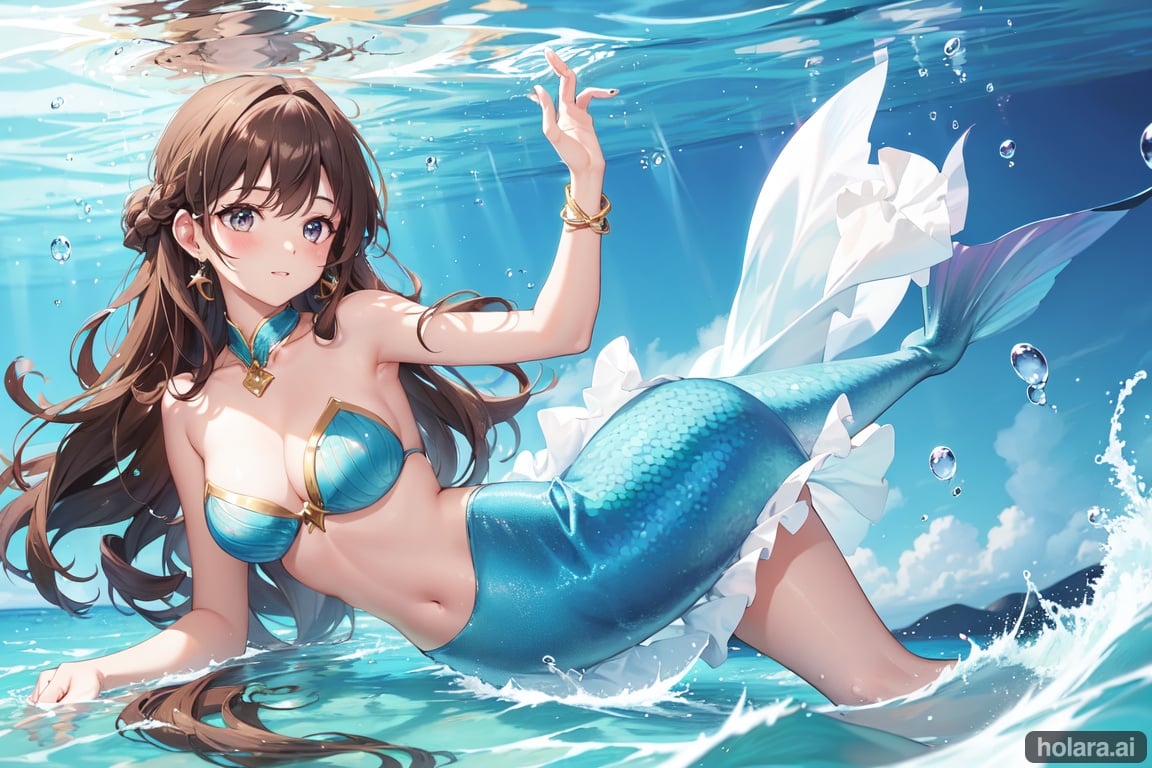 Image of a mermaid swimming in the ocean with her hair flowing behind her as she magestically swims, jewelry, cute, brown hair, earrings soft lighting