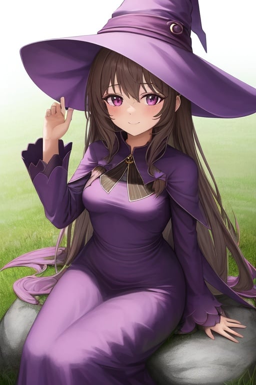create an Anime art. Solo woman, a female character sitting on rocks in purple dress with a field of grass behind her, witch hat, is a purple witch dress with a small opening on top of the pectoral part of the dress, long curled hair is waving with a long curled bangs of light brown color is purple eyes. big boobs and curvly  body big boobs. It's big thighs it's beautiful body