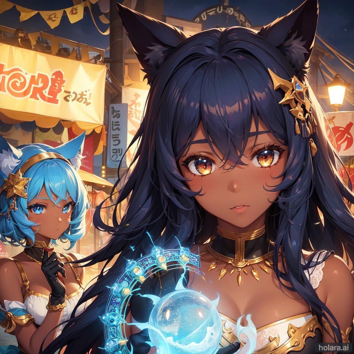 Image of 2 girls, dark skin, blue hair, cat ears, curly hair, carnival, cinematic lighting, light effect, cute face+++, masterpiece++, best quality++, wind effect++, intricate details, hair ornament, gloves
