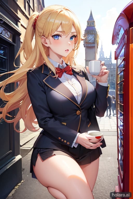 Image of masterpiece++, best quality++, ultra-detailed+, (England)++, (british girl)+, (blazer)+++, 4K, 8K+, best quality, beautiful+, blonde hair, vivid colors, blue eyes+, beautiful, (Red Telephone Box)++, girl, daylight, street, (holding a cup of tea)++