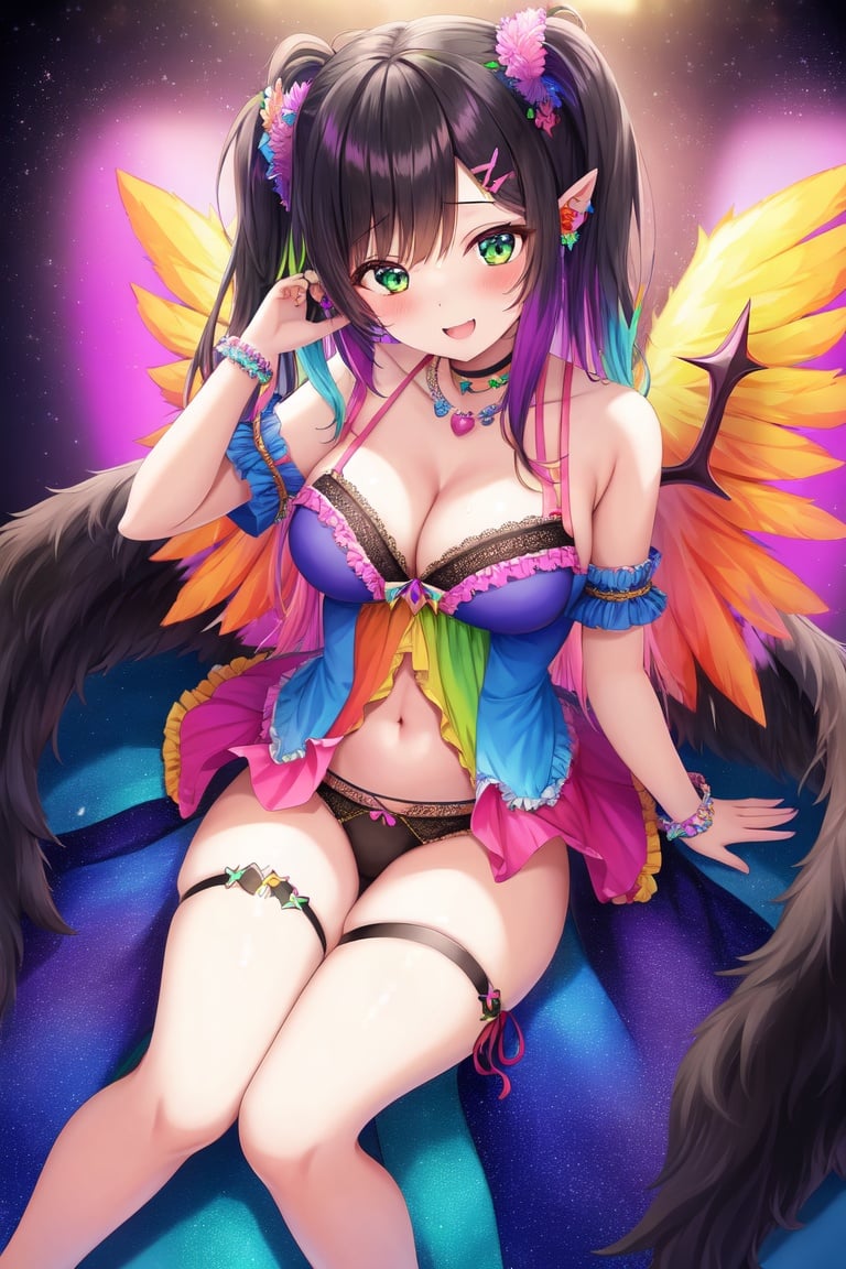 Image of colorful+++,radiant+++,solo,looking at viewer,1girl,kawaii,fantasy+++,wings+++,aurora, larex, orgasm, ecstasy