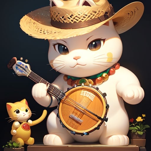 Image of Maneki neko statue playing a banjo wearing a cowboy hat 