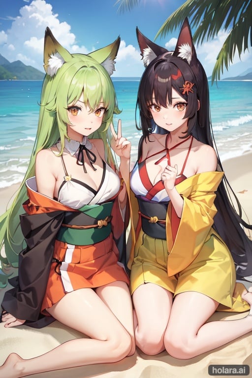 Image of 2girls, sitting, yokozuwari, green hair, orange eyes, nervous, long hair, fox ears, kimono, shorts, neck ribbon, beach++