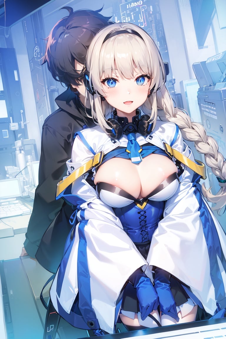 Image of ( couple, gentle man)+++, (middle breast)+, (cyborg mecha girl, impossible clothes)++, (stylish angle)++++, (necktie)+++, jitome, (typography industrial Design headphone)++++, (future (computer)+++ cityscape)+++, (cute loli)++, (cropped bangs)---, (braided bun)--, (drill hair)--, (lower bobbed hair)++, braid, (Twin tail)+++, (pony tale)+, (look at viewer)+++, (open mouth smile)+++, ((((((((in heat, wide eyes, blush))))))))), (detached sleevs, very wide sleeves)++++++, (mecha school uniform)+, (blue mecha corset miniskirt)++++++, (((((((((erectile bare s)+++, ()+)))))))), (1 cyborg android middle chest loli)++++, (masterpiece, (excellent finely detailed, best quality), ultra-detailed), (stylish angle)+, (gleaming skin)+++++, glow eye, (eyes highlight)++++, tsurime, ((((choker)))), (black gloves, slobber, material texture), (beautiful light effect)+++++, (beautiful scene)++++++,
