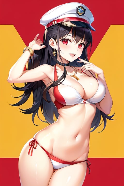 Image of 1 girl (white skin), lips, smile, open mouth, long hair, black hair, shiny hair, hair ornament, irregular bangs, eyebrows visible through hair, red eyes++, young, eyegles, hat, fingers, polish nails, red nails+, jewelry, ring, bracelet, navel, medium breasts, red ribbon, swimsuit, standing, day sky, beach+, complex background, perfect anatomy, illustration, perfect female body, high quality++++, wallpaper+++, radiant+++, vivid++++, blush++