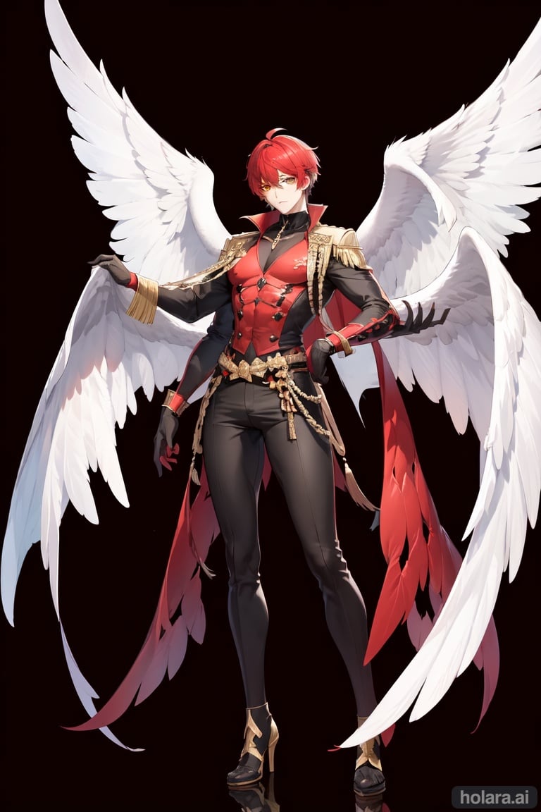 Image of ((male))++, ((((big wingspan))))++, powerful, ((heterochromia))++, flawless body proportions, full body proportions, red and black theme color