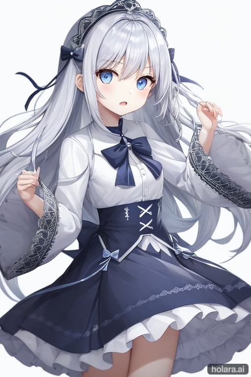 long hair, open mouth, blue eyes, skirt, hair ornament, simple background, white background, eyebrows visible through hair, long sleeves, bow, ribbon
