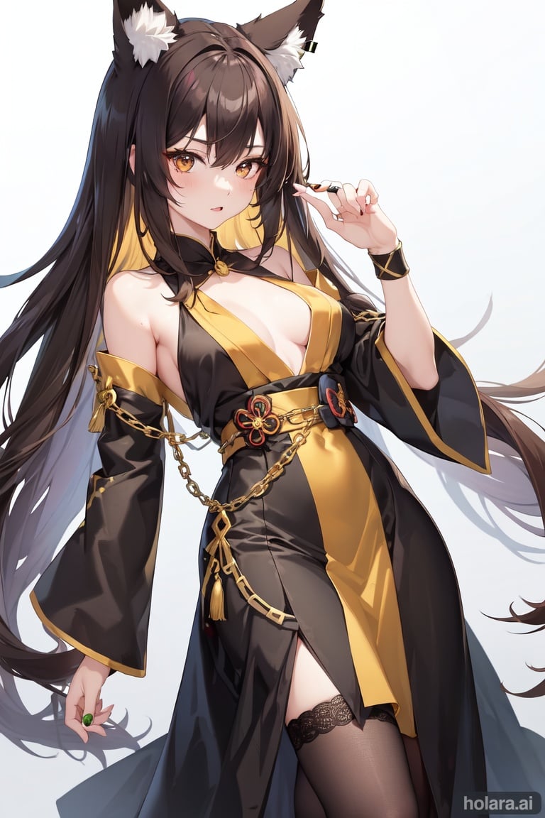 Image of Anime Girl with fox ears, wearing a japanese-like formal dress with belts jewelry and chains, colors are black brown green and gold, Bamboo Gentleman, masterpiece, best quality