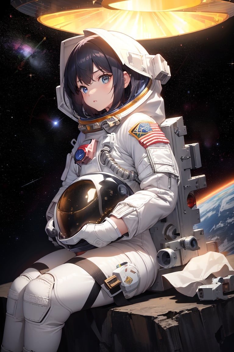 Image of 1girl, solo, focus, spacesuit+++, alone+++, sittinng+++, space+++, asteroids++, distant+, dark+