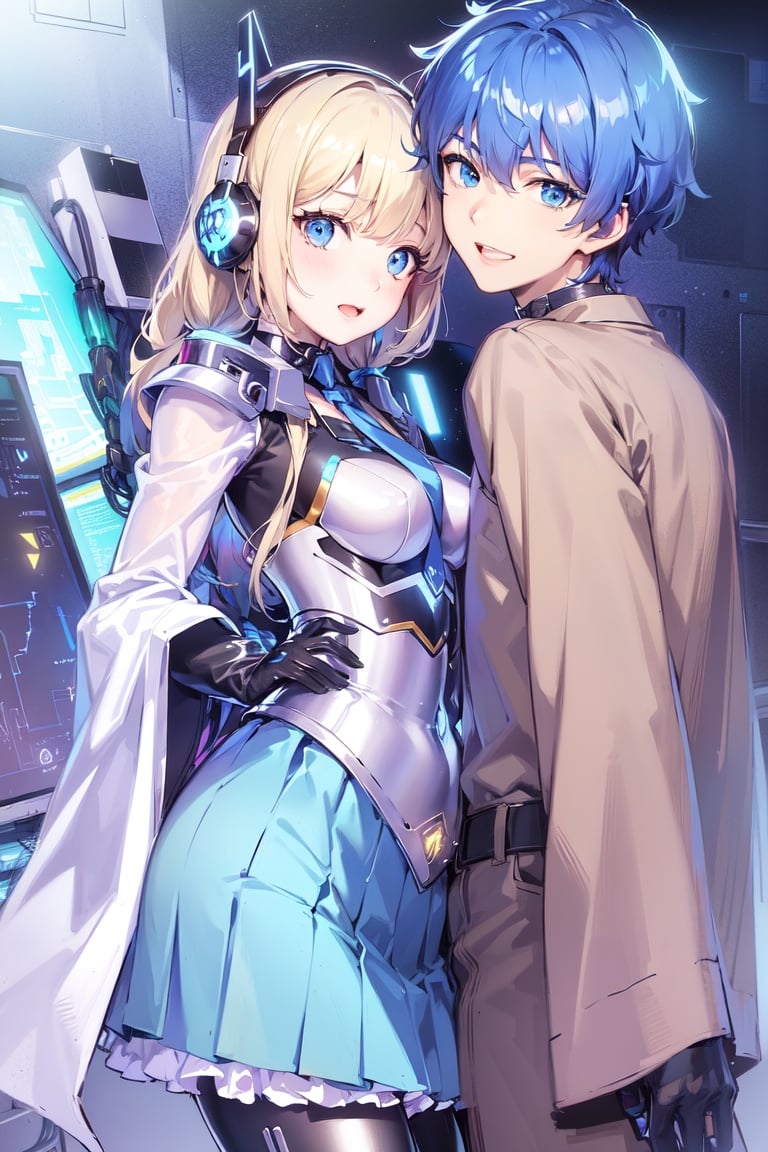 Image of (plastics dress)+, ( couple, gentle man)+++, (middle breast)+, (cyborg mecha girl, impossible clothes)++, (stylish angle)++++, (necktie)+++, jitome, (typography industrial Design headphone)++++, (future (computer)+++ cityscape)+++, (cute loli)++, (cropped bangs)---, (braided bun)--, (drill hair)--, (lower bobbed hair)++, braid, (Twin tail)+++, (pony tale)+, (look at viewer)+++, (open mouth smile)+++, ((((((((in heat, wide eyes, blush))))))))), (detached sleevs, very wide sleeves)++++++, (mecha school uniform)+, (blue mecha corset miniskirt)++++++, (((((((((erectile bare s)+++, ()+)))))))), (1 cyborg android middle chest loli)++++, (masterpiece, (excellent finely detailed, best quality), ultra-detailed), (stylish angle)+, (gleaming skin)+++++, glow eye, (eyes highlight)++++, tsurime, ((((choker)))), (black gloves, slobber, material texture), (beautiful light effect)+++++, (beautiful scene)++++++,