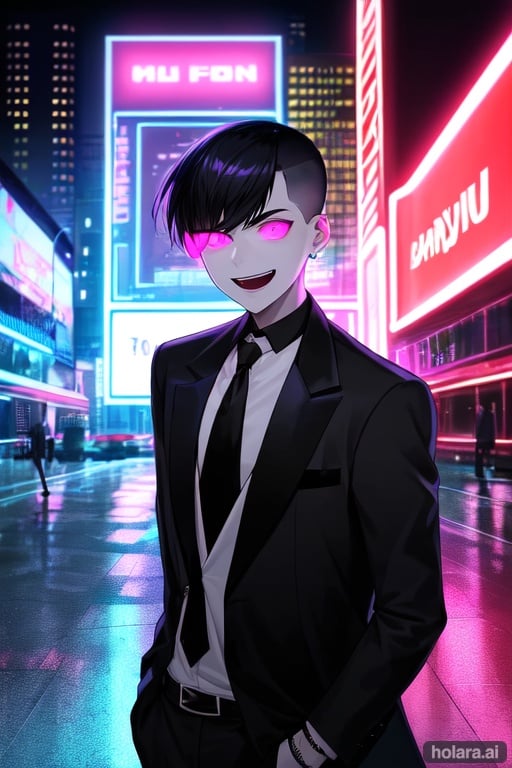 Image of 1boy, mafia uniform, buzz cut, city street, neon lights, laughing, black hair