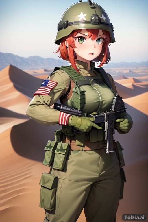 Image of masterpiece++, best quality++, (gamer)+++, (patriot)++, (Pledge of Allegiance pose)++++, (war in desert background)+++, 1girl, day, (soldier green clothing)+++, (soldier helmet)+++, perfect, 4K, 8K, cinematic, vivid colors, (battle cry face expression)++, (war tanks)++,war++, scars, (gun on waist)++