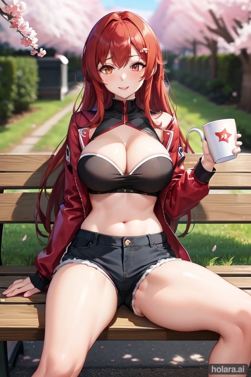 Image of Himeko murata(honkai star rail), red hair, adult woman, big breasts, large breasts++, thick thighs, detailed face, glowing face, glowing hairs, golden eyes, big eyes, thick eyebrows, perfect eyelashes, red lips, seductive smile, shy blush, yandere, hair ornament, jwellery, black highneck,  long sleeves, red jacket, open clothes, navel shorts, sitting on bench, perfect anatomy, perfect lightning, perfect shadow, complex background, solo focus, dynamic pose, holding coffee mug, perfect cherry blossom, focus on female, 8k HDR UHD, 