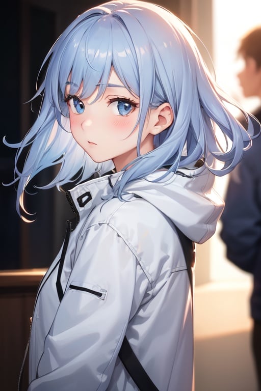 Image of silver blue hair, oversized white jacket,wind blowing, from behind, looking at viewer, close-up, expressionless, blushing, masterpiece++,ultra-detailed++, extremely detailed++, best lighting++, best quality++, cinematic shot+, sunlight+, blurred background