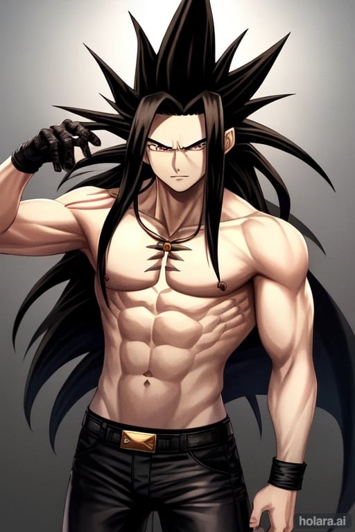 Image of Lizard like black scale guy, disheveled long black hair, muscular, veins glowing, leather pants, no shirt, Godzilla spikes on his back, gogeta in ssj4, scales on his skin.