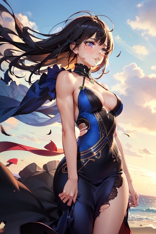 Image of (Sad face)++, (tears)++ extremely beautiful face, very detailed, masterpiece, realistic, seductive,  (muscular)+, chest pushed out, fit, , large breasts, long hair, (hair wind blown)++, (looking up)+, violet eyes, small , (dress torn)+++