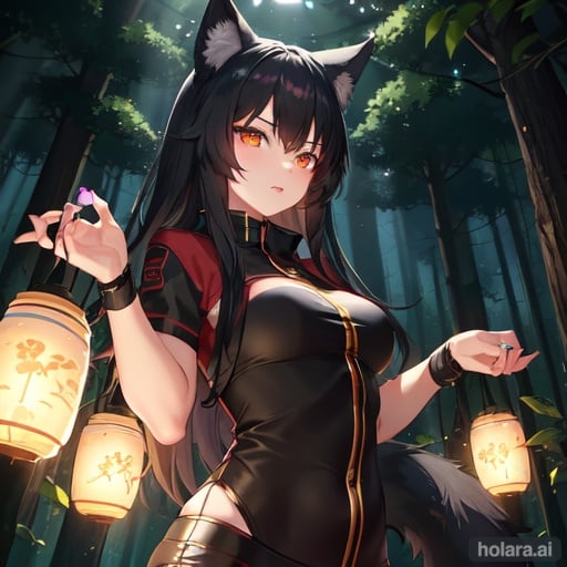 Image of forest, black foxgirl, lights, nature