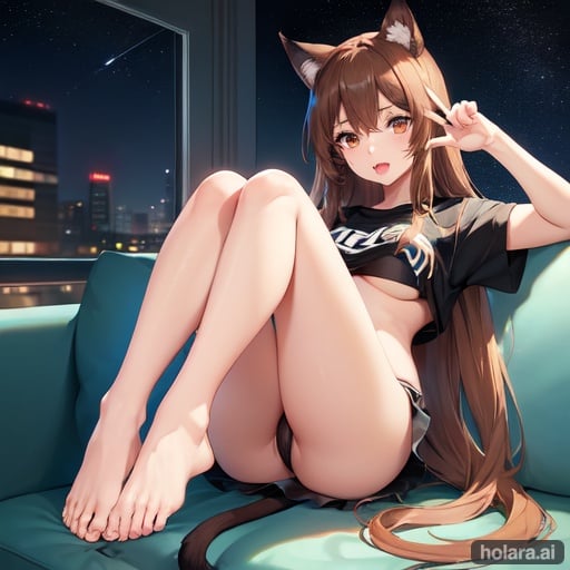 Image of girl,long hair,brown eyes,cat ear,open mouth,two legs,two hands,fourth finger,one thumb,high detailed of hands,high detailed of legs,anatomycally hands,perfect hands,anatomycally feet,perfect feet,up skirt,lace bra+,up legs+,on sofa,anime detailed,anime face,perfect body,cute face+,up T-shirt+,city background,nightsky with milkyway