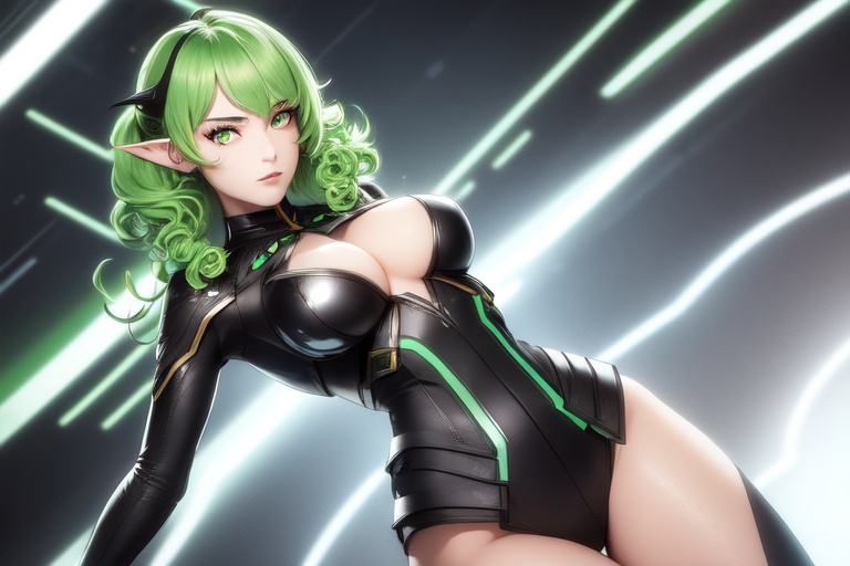 Image of 1girl, solo, green hair, amber eyes, curly hair, pointy ears ,tecnology