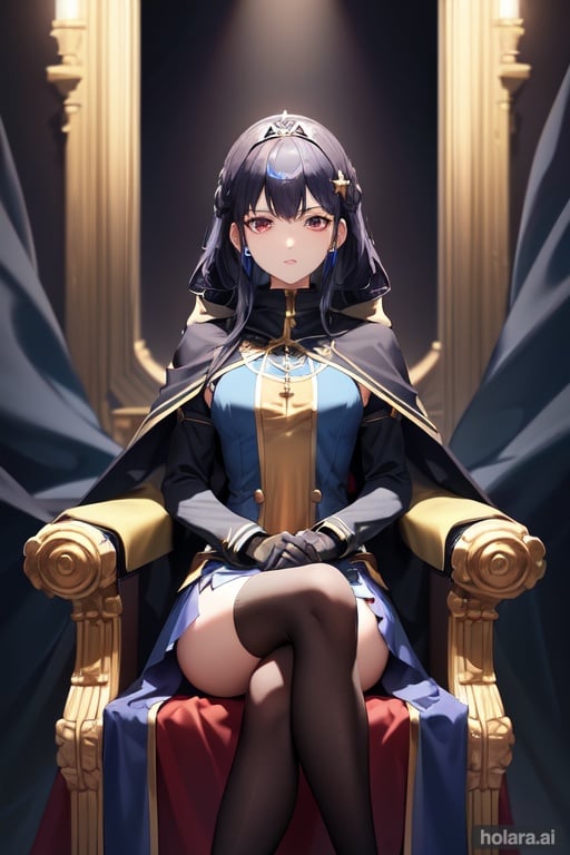 Image of princess, 1 girl, short growth, impress uniform, impress, impress dress, diadem, sitting on throne, throne room background, fantastic, ethernal, masterpiece, best quality, high resolution,  very long hair, dark blue tones, cloak, serious face, dark fantasy, cold atmosphere, cold light, stockings, gloves, scarf, long sleeves, bare shoulders, amber hair, blue uniform, hair ornament, dark background, 2 arms