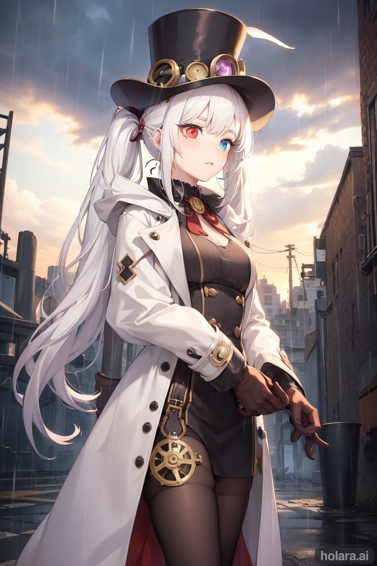 Image of white hair, Heterochromia, coat, 
cylinder hat, steampunk, magick, rain ,hairstyle pigtails, ruins