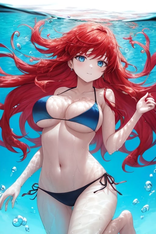 Redhaired woman swimming underwater