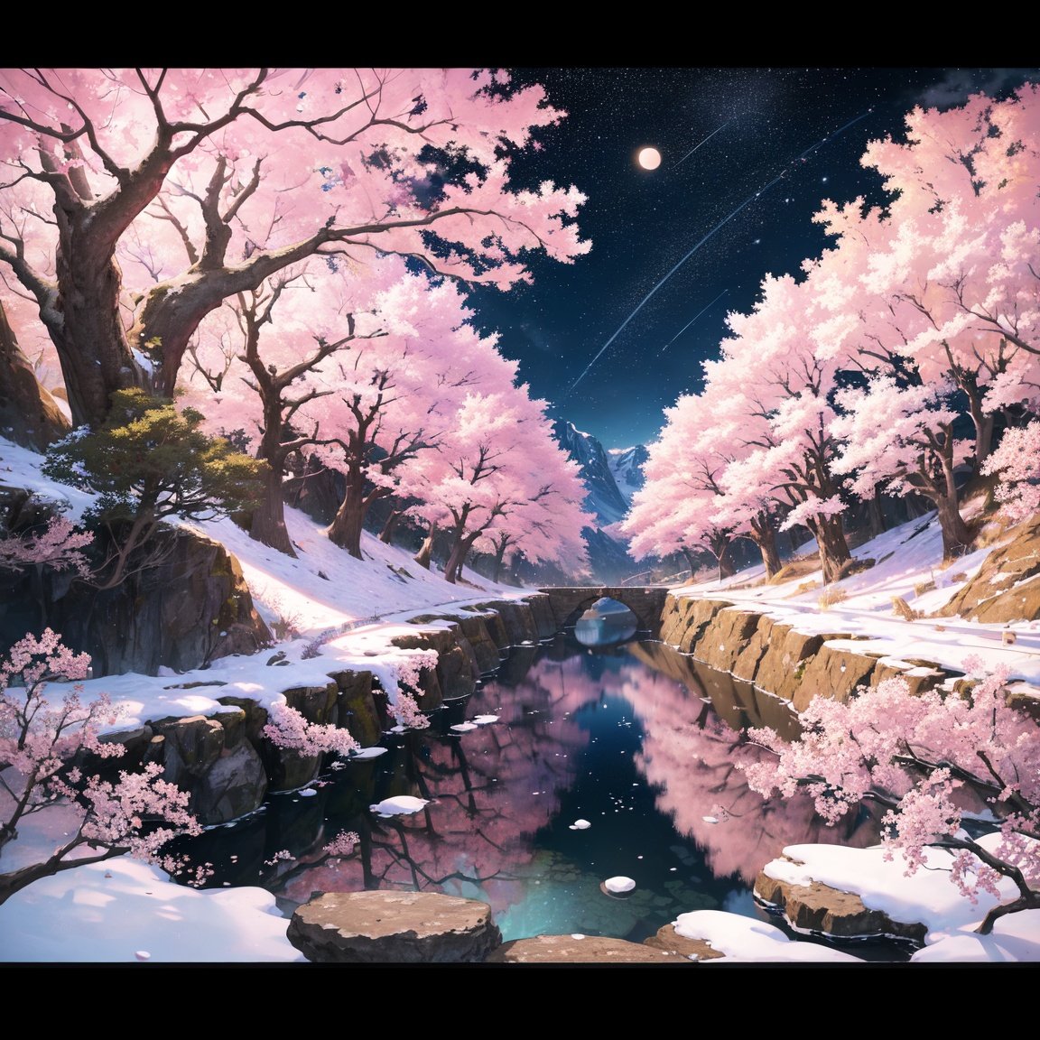 Image of A detailed vibrant world, close to the surface of the ground but still bird's eye view. Rocks, rock formations, cherry blossom trees, fir trees, oaks, maple trees, cliffs, hills, mountains, oceans, lakes, rivers, streams, forests, deer, light blue crystals in the ground. Detailed, realistic anime, open-world video game, video game style, night lighting, nighttime, two moons, stars, shooting stars