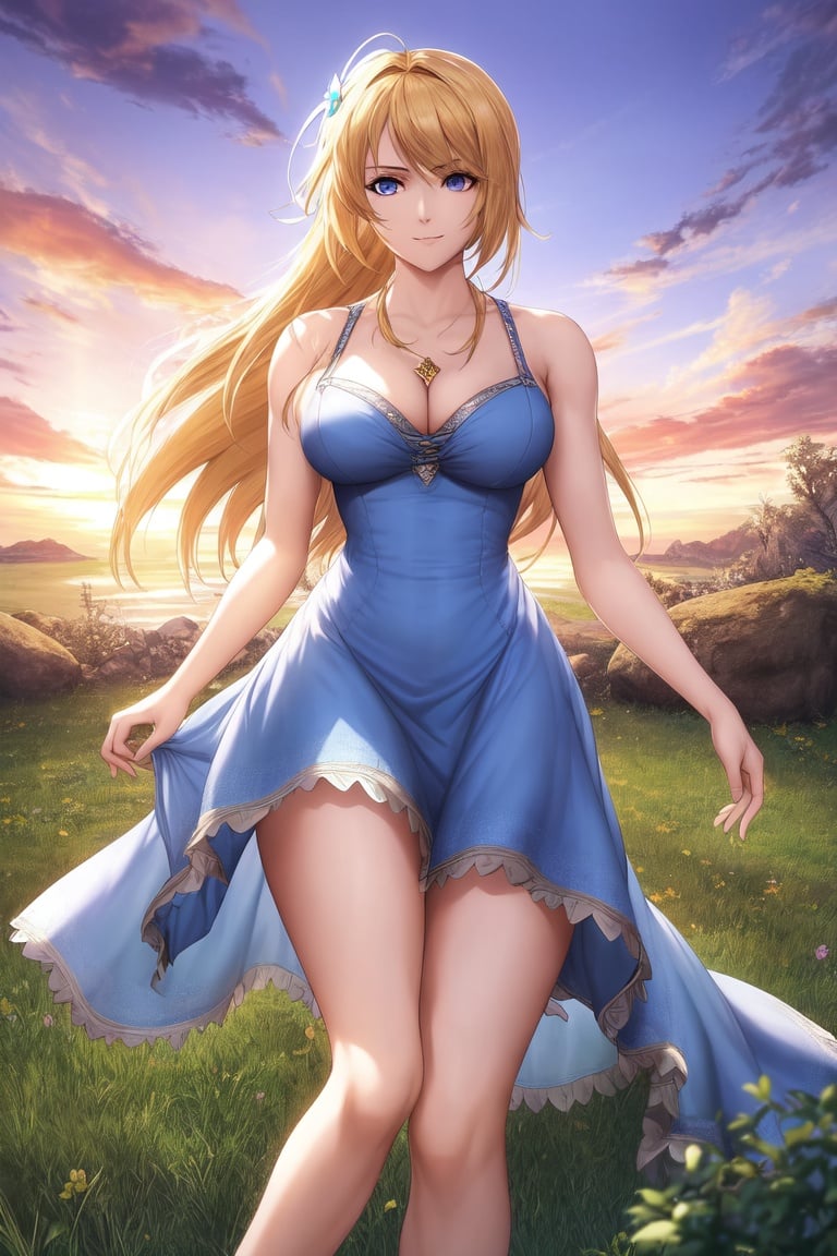 Image of absurdres, soulcalibur, sophitia alexandra, long hair, blonde hair, blue eyes, large breasts, cleavage, sundress, blue dress++, barefoot, outdoors, sunset+, upper body, facing viewer, looking at viewer, smile, breast focus, cleavage reach, masterpiece+++