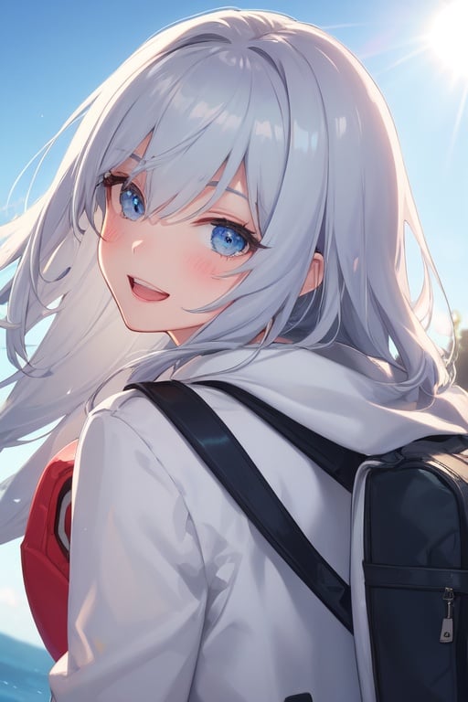 Image of silver blue hair, long hair, hair shimmer+, hair strands,oversized white jacket, backpack,wind blowing, from behind, looking at viewer, head tilt,close-up, :D, teeth, bright smile+,blushing, masterpiece++,ultra-detailed++, extremely detailed++, best lighting++, best quality++, cinematic shot+, extremely detailed eyes++, sunlight+, blurred background+, dutch angle