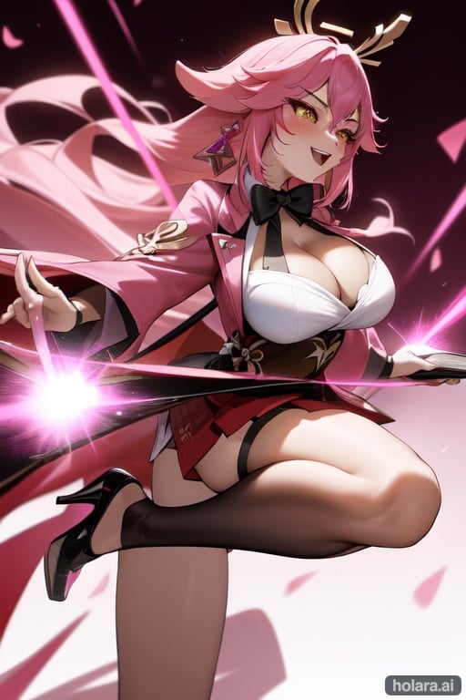 Image of Yae miko(genshin impact),pink hair , foxy adult woman, hair ornaments, hair ornament,  cleavage, glowing face, solo focus, complex background, perfect anatomy, perfect shadows, perfect lightning, cute smile, open mouth, shy blush, 8k hdr uhd, white school coat, pink bow tie, red miniskirt, black stockings, holding books, holding hand bag, jwellery, dynamic pose, black heels, golden eyes thick eyebrows perfect eyelashes, detailed face, face detail+++, 