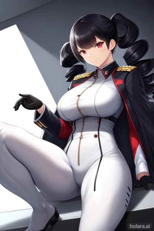 Image of femdom, white legwear, bodysuit under clothes, military uniform, science fiction, drill hair, large breasts, toned, black hair