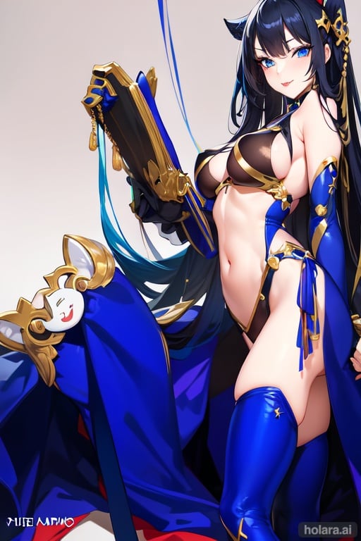 Image of xp-tan, xp hair ornament, long black hair, blue leotard, long blue gloves, thigh high blue socks, red lips, blue eyes, seductive smile, sexy makeup, sexy pose, lying down, perfect female proportions