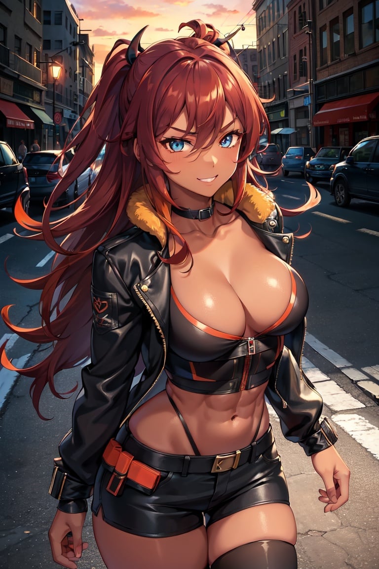 Image of (masterpiece, perfect anatomy, proper hand structure, perfect hands)++, best quality, highres, ultra-detailed, illustration, from above, outdoors, 1 girl, (dark skin), red hair, wavy hair, blue eyes, curvy, sci-fi, jacket, thighhigh, citystreets. neon, nighttime,(thin eyebrows, toned body, tight clothes), (Broad shoulders,thick muscular body, abs+), dark and orange theme, cool, jacket, belts, shorts, dramatic shadows, fur collar, long hair, dark, crazy eyes, multicolored hair++, evil smile, complex background, Perfect female body, hair between eyes, bangs, eyebrows visible through hair, hair ornament, complex outfit 