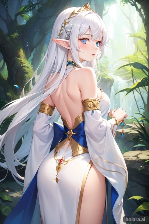 Image of High image quality.  An elf girl with sharp little ears.  Small, narrow, pointed nose.  Long white hair.  Eyelashes are white.  The eyes are blue and piercing.  The mouth is closed, the lips are plump.  The skin is light with a slight blush.  The sun's rays fall on the girl's face.  The face does not express emotions.  Hands behind your back.  The girl is wearing a long, light dress decorated with precious stones, which are laid out in beautiful patterns, the sleeves of the dress are made of mesh with sequins, and the dress itself is white.  Behind the girl is a forest.  Very detailed.  Lots of details.  Soft lighting.  Art.