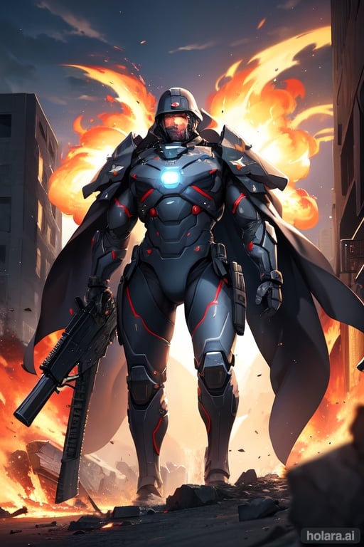 Image of (++machine soldier), giant, firearms, non-human, (war)++ tight clothing, fire, destruction, dynamic, high quality