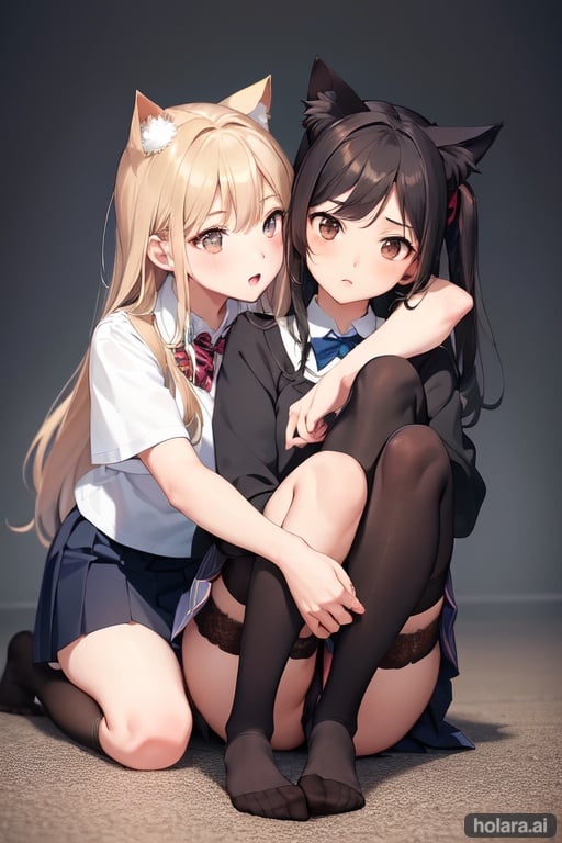 Image of Two girls, one girl standing, holding leash, one girl kneeling, hugging leg, collared, solo, pony tail, medium length hair, dark brown hair, brown eyes, cat ears, cute+, petite body, perfect body, thigh high socks, legs spread+, up skirt, lace bra+, school girl, school uniform, highly detailed, two legs, two arms, four fingers, 1 thumb, anatomically correct hands, perfect hands, anatomically correct feet, perfect feet, open mouth, anime eyes, anime face, cute anime face, small feet+, cute feet,feet up, underwear, thighhighs, simple background, bowtie, pleated skirt, park beach, outside, park, 