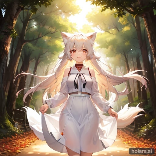 Image of forest, white foxgirl, sunset, lights, nature