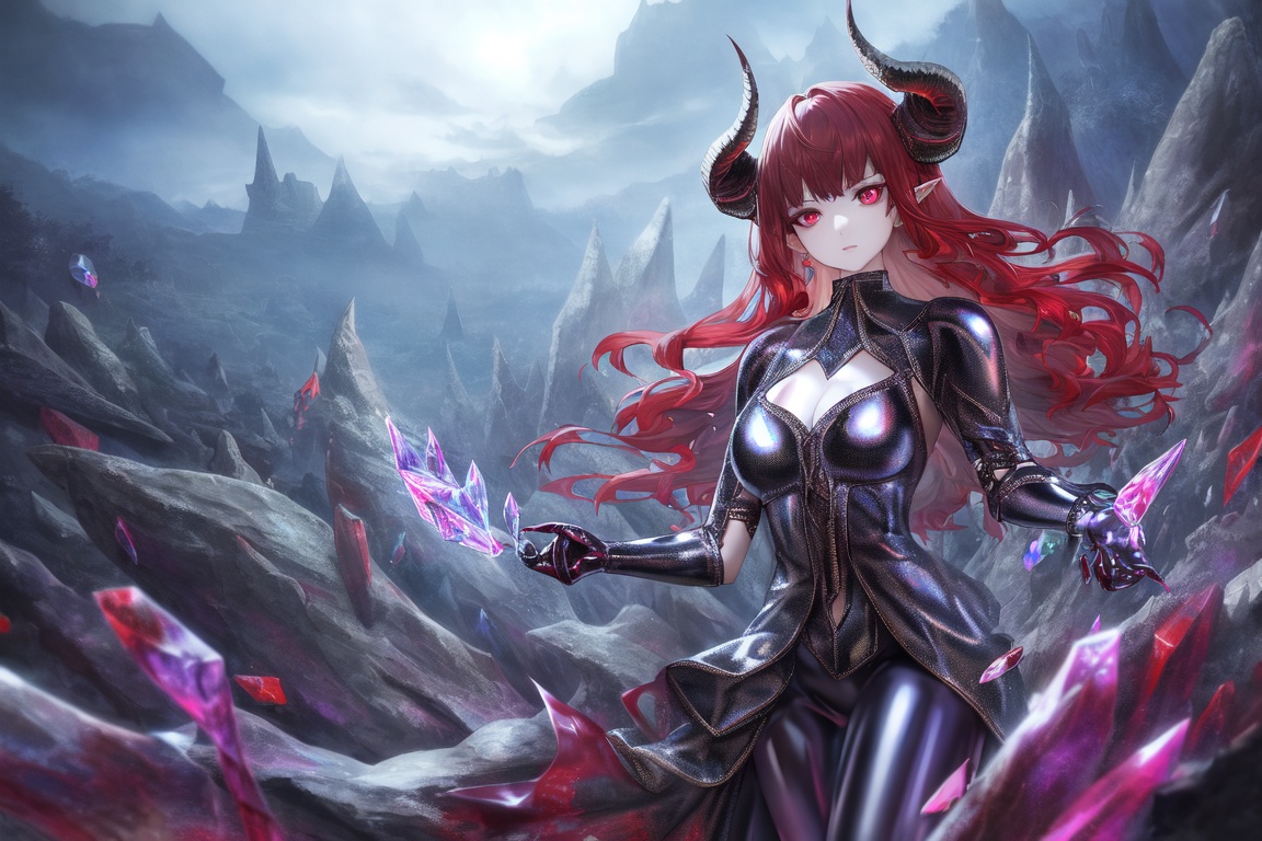 Image of (masterpiece), best quality, expressive eyes, perfect face, horns, red hair, slit eyes, multicolored eyes, ethereal, fantasy, dreamlike, landscape, Intricate Surface Detail, Crystalcore, Crystals, Bejeweled, ethereal latex++++ dress, fantasy armor,(abstract background), 
