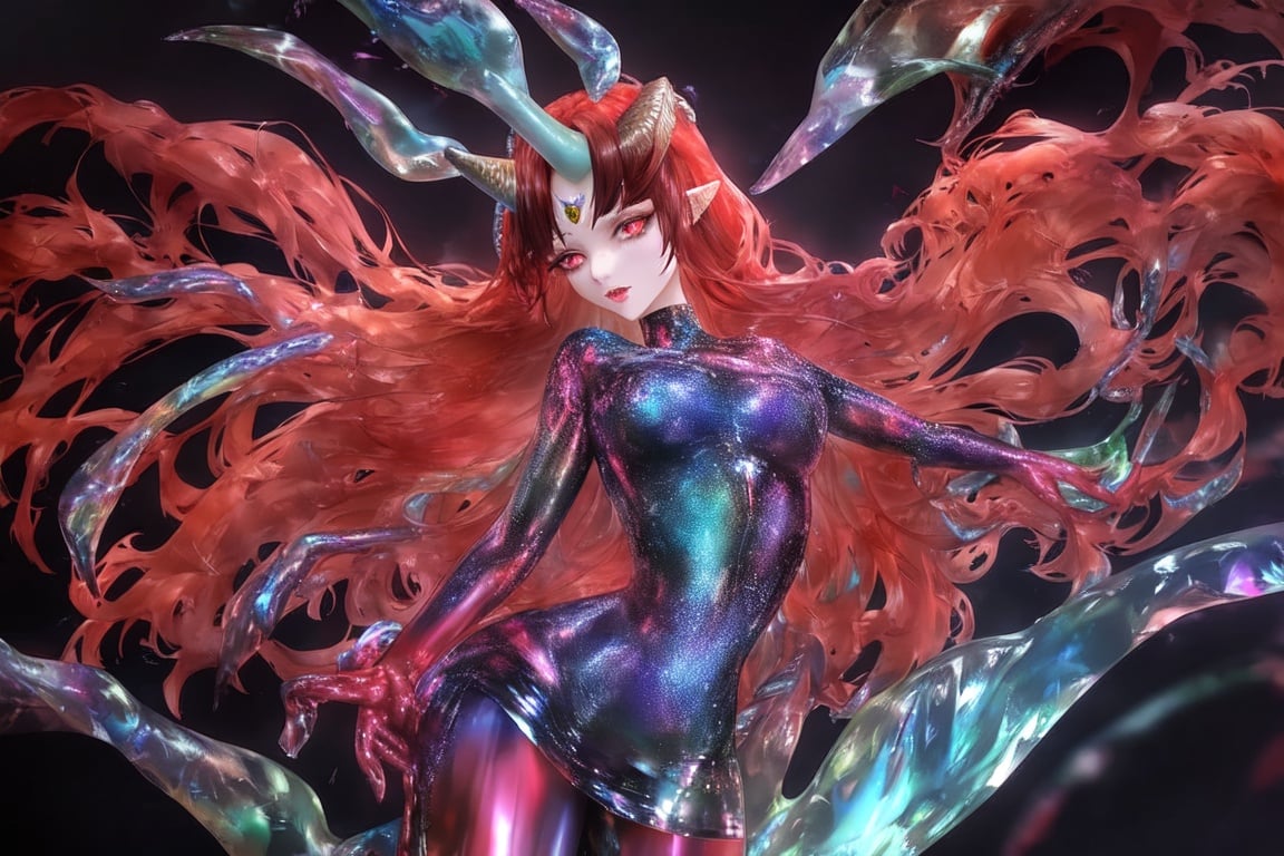 Image of (masterpiece), best quality, expressive eyes, perfect face, horns, red hair, slit eyes, multicolored eyes, ethereal, fantasy, dreamlike, landscape, Intricate Surface Detail, Crystalcore, Crystals, Bejeweled, ethereal latex++++ dress, fantasy armor,(abstract background), 