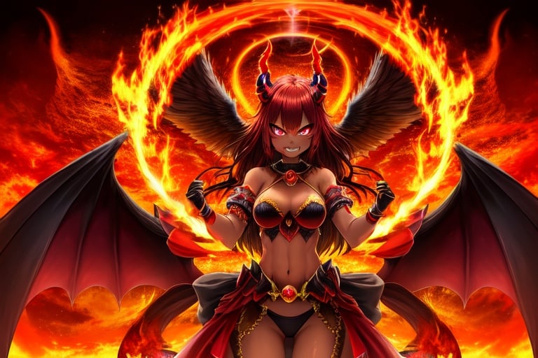 Image of "(highest quality)", "(highest quality)", "(super detail)", "(hell)", "red haze+,"(fiery glow)++", "(standing picture)","(girl)", "(jewel-like iridescent eyes)+", "(iridescent sheen)+", "(flames)", "(fire)+", "(volcanoes)", "(colorful)", "(demon)+", "(village on fire)+", "(cleavage)+",chocolate colored dark skin+,demon wings,jewellery+,fireball,symmetry+,body wrapped in flame++,demon horns+,evil grin+,fusion phoenix and girl+,demon queen,symmetrical wings,flame breath,flames toward viewer