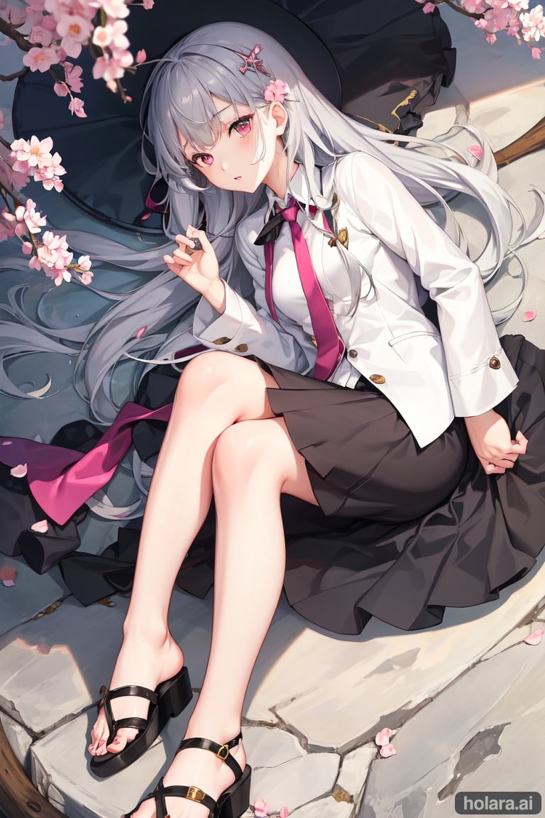 Image of 1girl, solo, high quality, lying, on side, grey hair, pink eyes, nervous, very long hair, jacket--, sandals, neck ribbon, necktie, cherry blossoms
